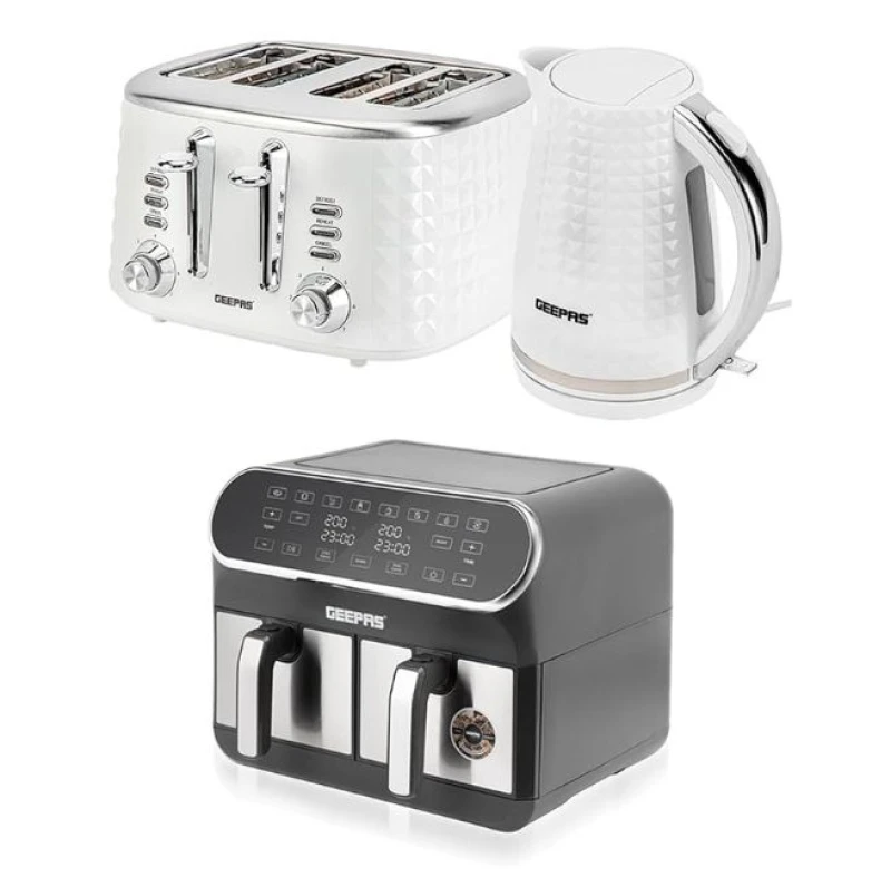 Image of Geepas 8L Dual Basket Air Fryer, 1.7L Kettle & 4 Slice Toaster Appliances Set in White White Unisex