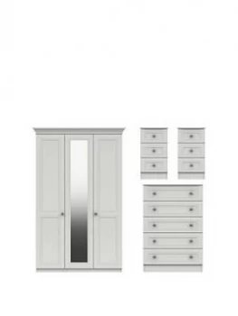 image of Harris 4 Piece Part Assembled Package 3 Door Mirrored Wardrobe, 5 Drawer Chest And 2 Bedside Chests