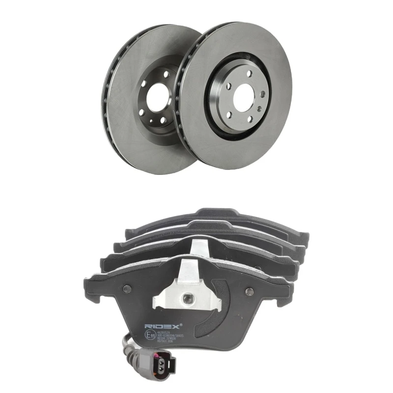 Image of RIDEX 3405B2581 Brake disc and pads set Front Axle, Brake Disc Type: internally vented, incl. wear warning contact Brake Set,disc brakes (3405)