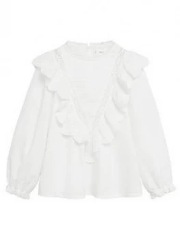 Image of Mango Girls Frill Detail Long Sleeve Blouse - White, Size Age: 13-14 Years