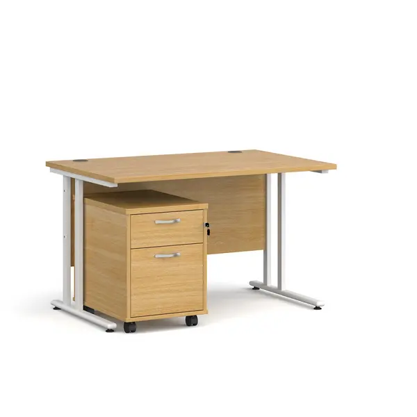 image of Maestro 25 Straight Desk with White Cantilever Frame and 2 Drawer Pedestal - Oak - 1200mm x 800mm