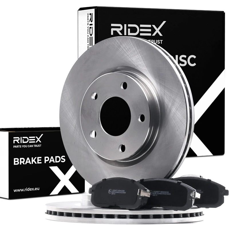 Image of RIDEX 3405B0984 Brake disc and pads set Front Axle, Brake Disc Type: internally vented, with acoustic wear warning Brake Set,disc brakes (3405)