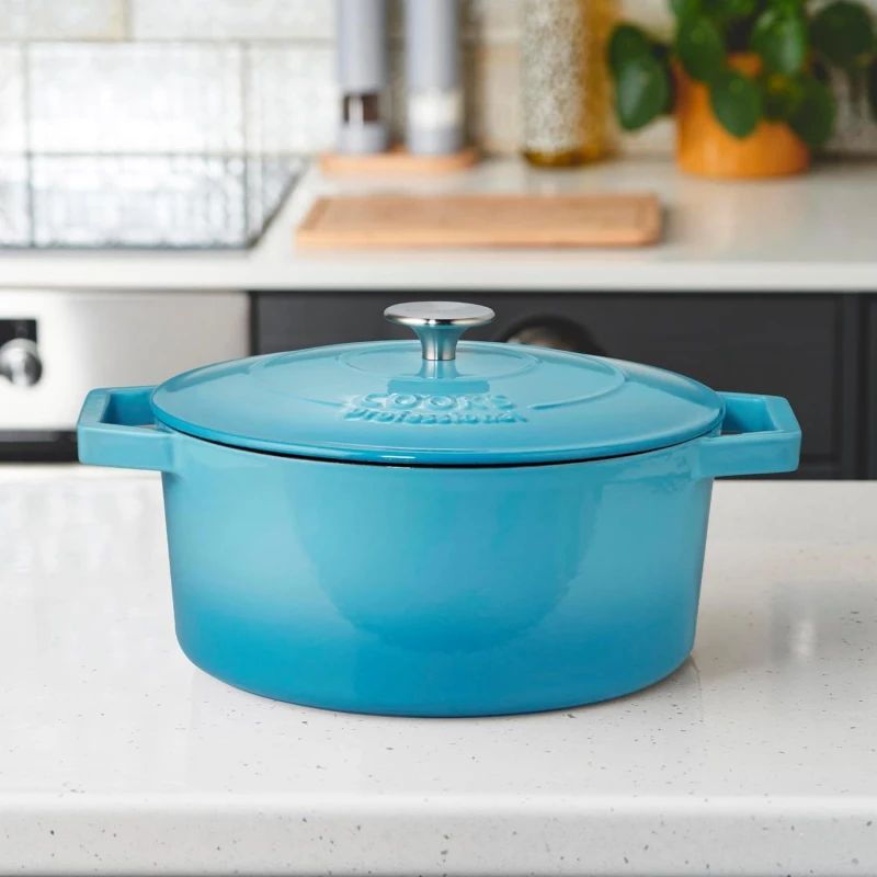 Image of Cooks Professional Cast Iron Casserole Dish 26cm Oven Proof Enamelled Pan with Lid in Blue Blue Unisex