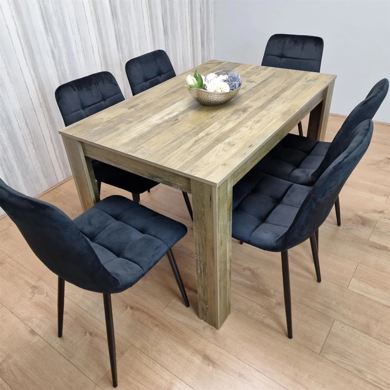 Image of KOSY KOALA KOSY KOALA Dining Table and 6 Chairs Rustic Effect Wood Table 6 Black Velvet Chairs Dining Room in Brown Size: 140cm x 80cm Brown 140cm x