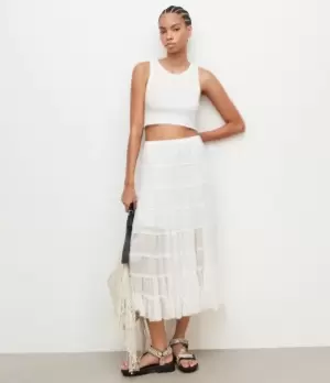 Image of AllSaints Womens Eva Maxi Tiered Skirt, Chalk White, Size: 8