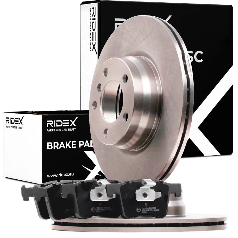 Image of RIDEX 3405B1010 Brake disc and pads set Front Axle, Brake Disc Type: Vented, with piston clip Brake Set,disc brakes (3405)