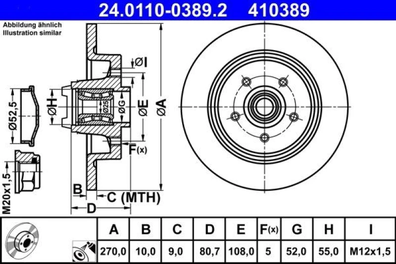 Image of ATE 24.0110-0389.2 Brake disc Solid, Coated, with ABS sensor ring Brake Disc (82)