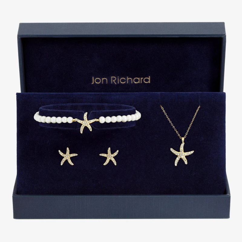 Image of Jon Richard Gold Plated Pave Pearl Starfish Set - Gift Box Jewellery Sets One Size Gold 40070910000