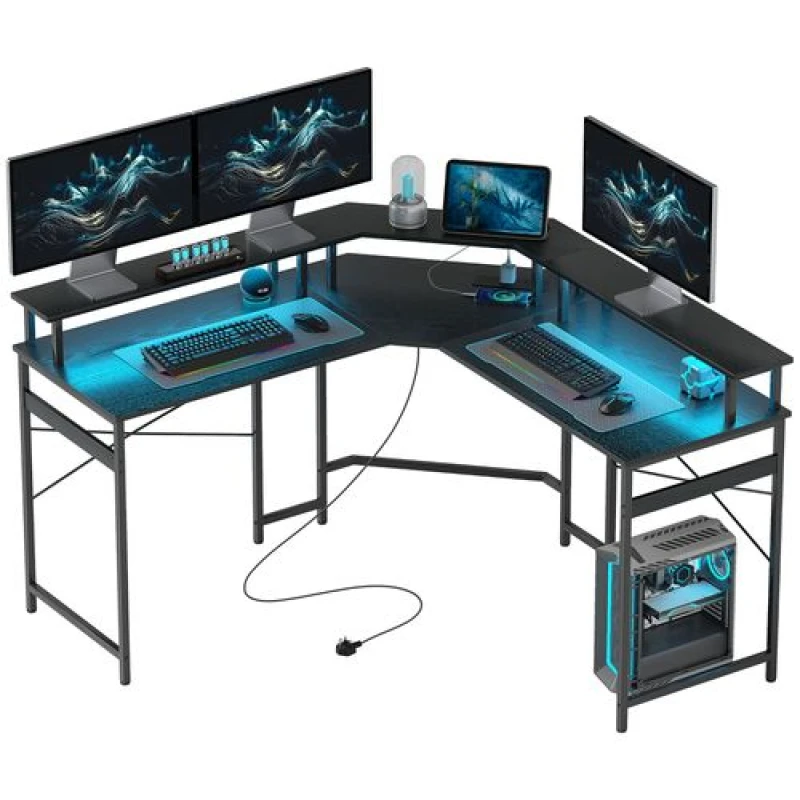 Image of HOMCOM L Shaped Desk Corner Computer Desk with Monitor Stand, Black Black