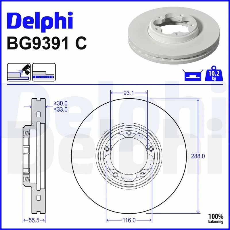 Image of DELPHI Brake disc DELPHI BG9391C
