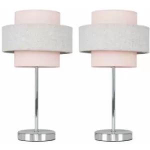 image of 2 x Chrome Touch Table Lamps - Pink & Grey Herringbone - No Bulb