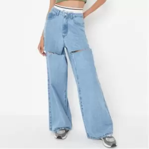 Image of Missguided Ripped Thigh Wide Leg Jeans - Blue