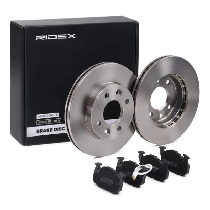 Image of RIDEX 3405B1617 Brake disc and pads set Front Axle, Brake Disc Type: Vented, incl. wear warning contact Brake Set,disc brakes (3405)