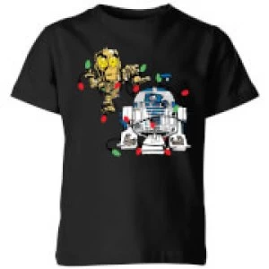 Image of Star Wars Tangled Fairy Lights Droids Kids Christmas T-Shirt - Black - 11-12 Years