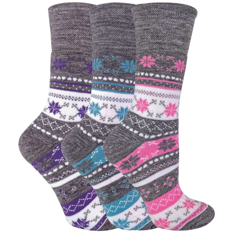 Image of Sock Snob 3 Pairs Thick Warm Fairisle Pattern Thermal Non-Elastic Top Socks Grey female