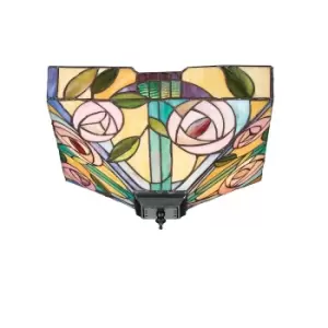 Image of 2 Light Medium Ceiling Flush Light Dark Bronze, Tiffany Style Glass, E27