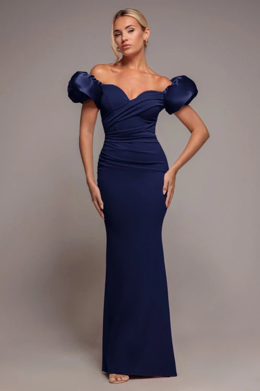 Image of Goddiva Womens Puffy Satin Sleeve Scuba Maxi Dress in Navy Size: 16 Navy Female 16