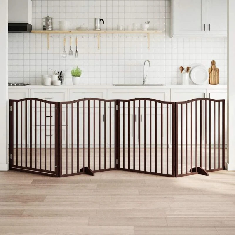 Image of vidaXL Dog Gate with Door Foldable 4 Panels Brown Oak 320cm Poplar Wood, Brown 352235