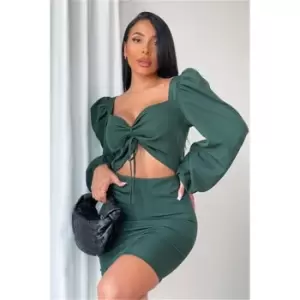 Image of I Saw It First Emerald Green Woven Cut Out Tie Front Puff Sleeve Bodycon Dress - Green