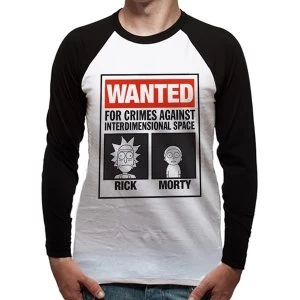 image of Rick And Morty - Wanted Poster Mens Small Long Sleeved Baseball T-Shirt - White