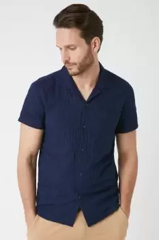 Image of Mens Navy Short Sleeve Self Stripe Revere Shirt