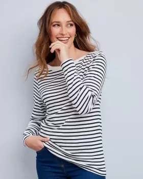 Image of Cotton Traders Womens Wrinkle Free Long Sleeve Boat Neck Stripe Jersey Top in Blue