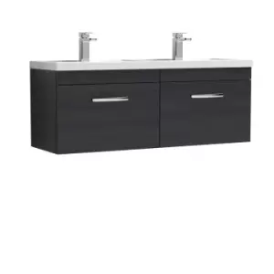 image of Nuie Athena 1200 Wall Hung 2-drawer Vanity & Polymarble Double Basin - Black Woodgrain