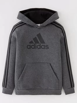 Image of adidas Boys Big Logo 3 Stripe Overhead Hoodie - Grey/Black, Grey/Black, Size 7-8 Years