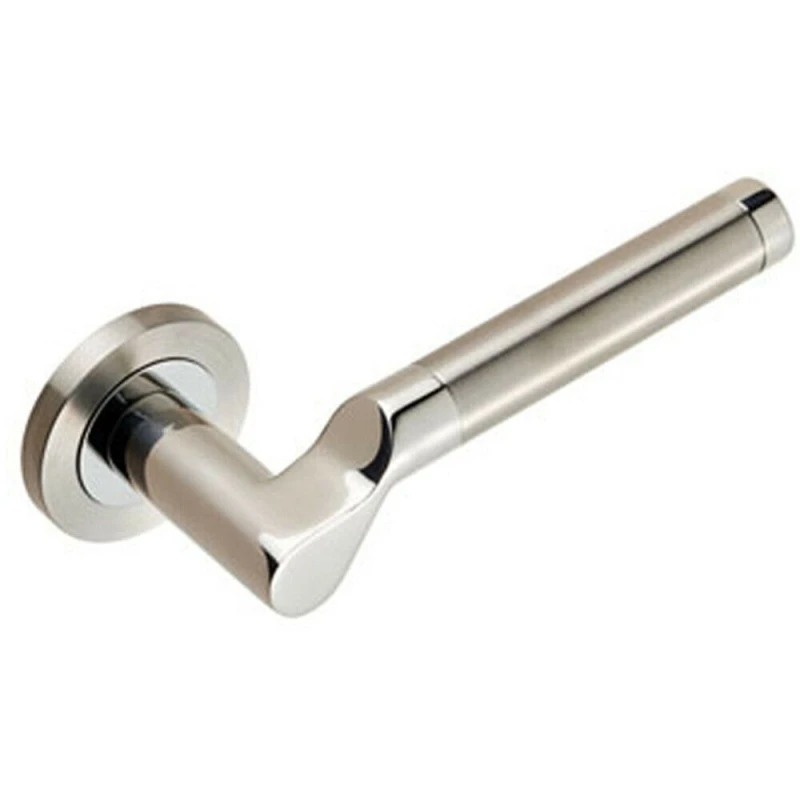 Image of Loops PAIR Cranked Round Bar Lever on Round Rose Concealed Fix Polished Satin Steel Metallics