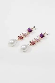 image of Rose Gold Pretty Baguette Linear Pearl Drop Earrings