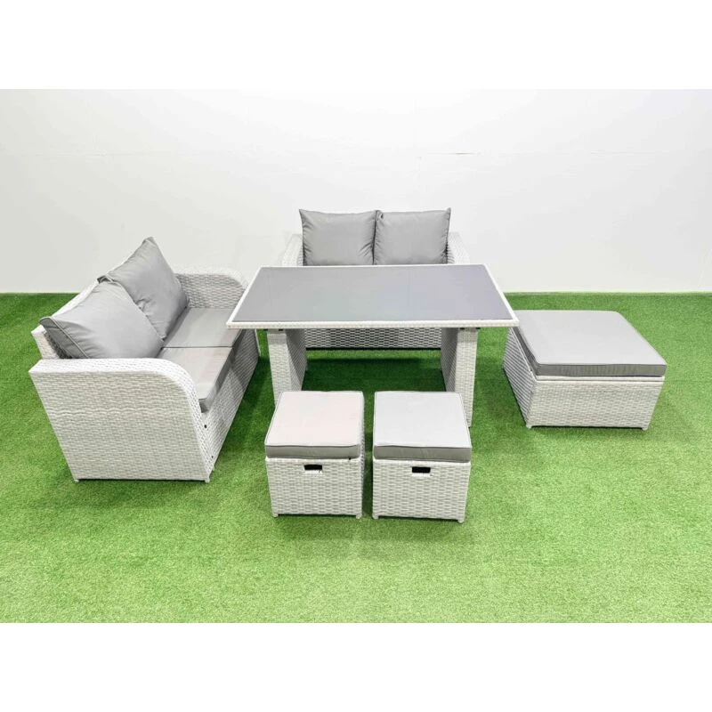 Image of Fimous 6 Pieces Outdoor PE Rattan Sofa Set with Cushions 3 Stools Light Grey Light Grey Unisex