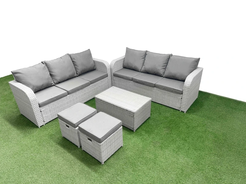 Image of Fimous Outdoor Garden Furniture Sets 8 Seater Wicker Rattan Furniture Sofa Sets with Rectangular Coffee Table high Back Lounge Sofa Stools Light Grey