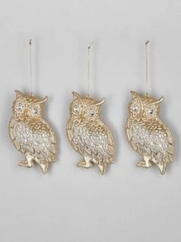 image of Festive Set Of 3 Clear And Gold Owl Hanging Christmas Tree Decorations