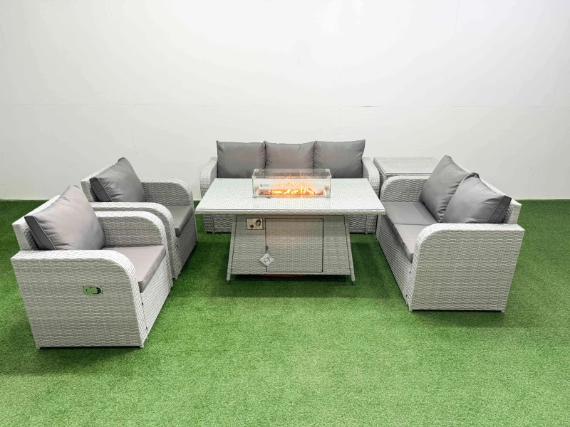Image of Fimous PE Rattan Garden Furniture Set Reclining Chair Sofa Double Love Seat 2 Seater Sofa Lounge Set Firepit Dining Table Side Table Light Grey Light