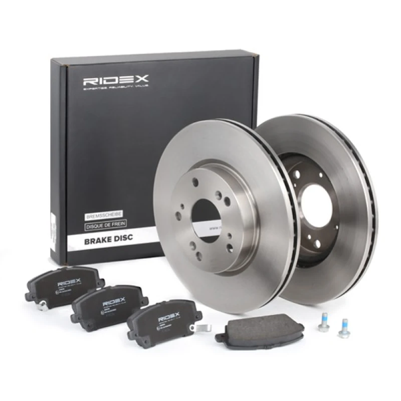 Image of RIDEX 3405B0250 Brake disc and pads set Front Axle, Brake Disc Type: Vented, with acoustic wear warning Brake Set,disc brakes (3405)