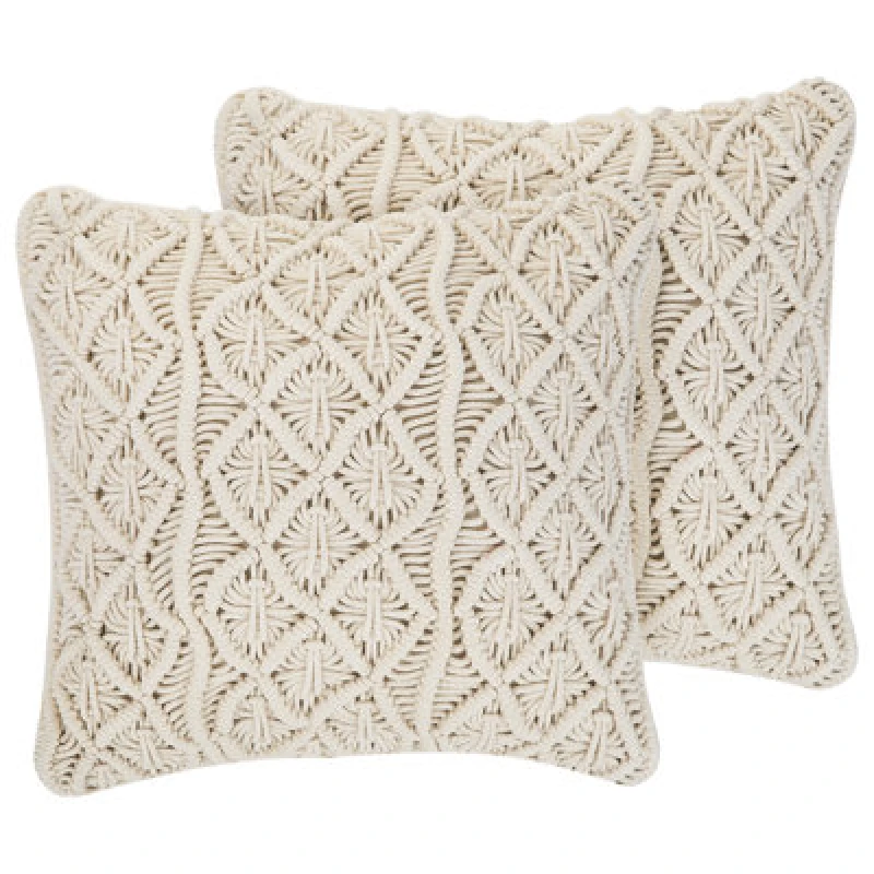 Image of Beliani Set Of 2 Decorative Cushions Goreme Cotton 45 X 45cm Light Beige Geometric Pattern