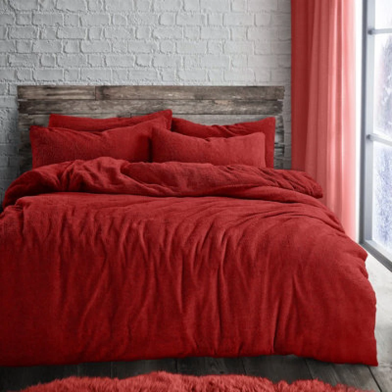 Image of Velosso Teddy Fleece Duvet Cover & Pillowcase Set - Button Enclosure, Machine Washable Bedroom Essentials - Red