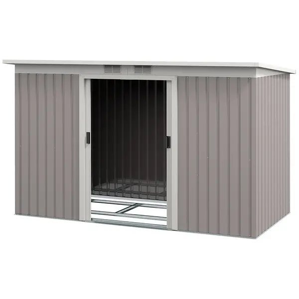 image of Outsunny Corrugated Garden Metal Storage Shed Outdoor Equipment Tool Box with Kit Ventilation Doors 9x 4FT Light Grey