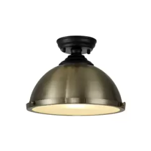 image of Dresden Flush Ceiling Lamp E27 With Round 31cm Metal Shade Matt Black, Antique Brass, Frosted White