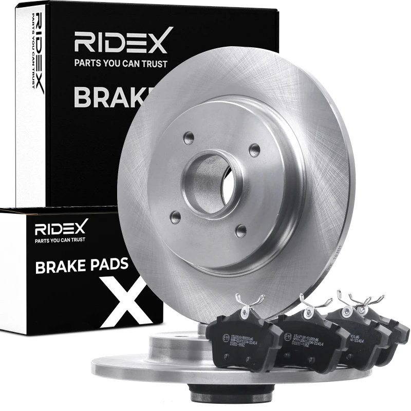 Image of RIDEX 3405B1552 Brake disc and pads set Rear Axle, Brake Disc Type: Solid, not prepared for wear warning indicator Brake Set,disc brakes (3405)
