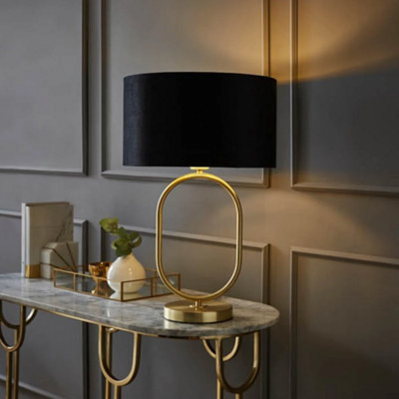 Image of Valuelights Antonia Black Velvet And Gold Drum Lamp Shade Brushed Gold Oval Table Lamp