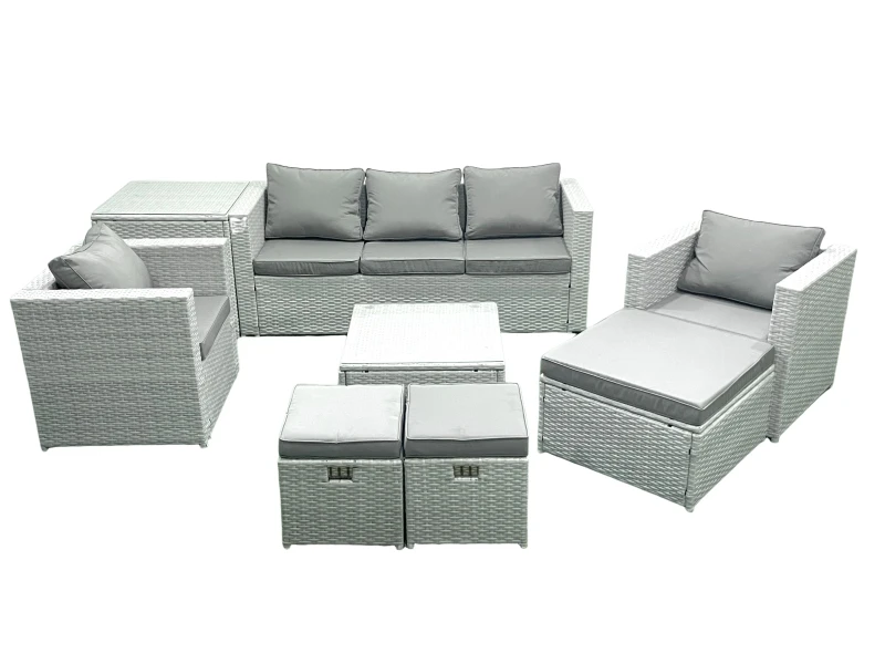 Image of Fimous Rattan Garden Outdoor Furniture Sofa Set with Square Coffee Table 2 Chairs 3 Footstools Side Table Light Grey Mixed Light Grey