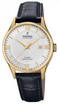 Image of Festina Mens Swiss Made Black Leather Strap Silver Watch