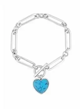 image of Mood Silver Turquoise Semi Precious Heart Charm T-Bar Chain Bracelet, Silver, Women