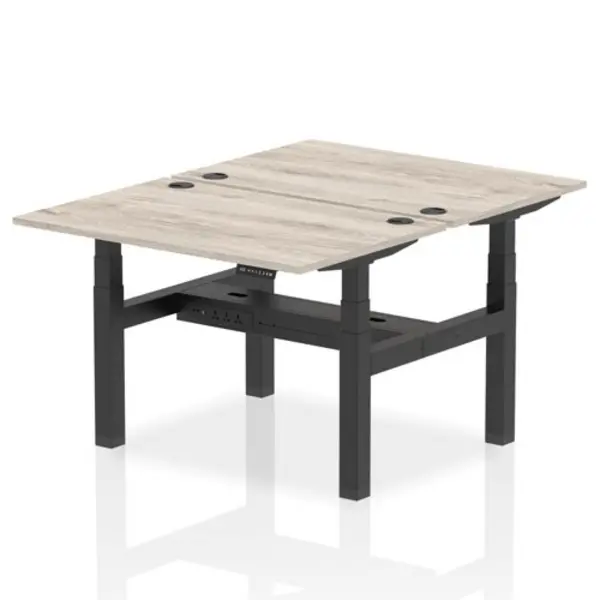 Image of Air Air Back-to-Back 1200 x 800mm Height Adjustable 2 Person Bench Desk Grey Oak Top with Cable Ports Black Frame HASCP2P12800GRYB