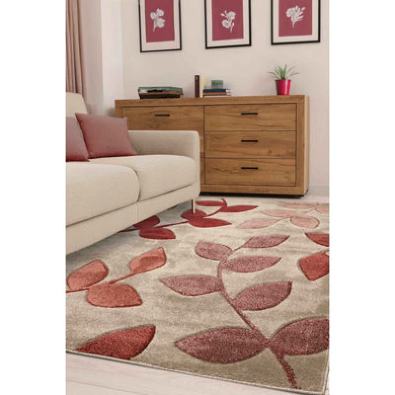 Image of Melrose Leaf Red Geometric Design Small Indoor Area Rug 080/150Cm
