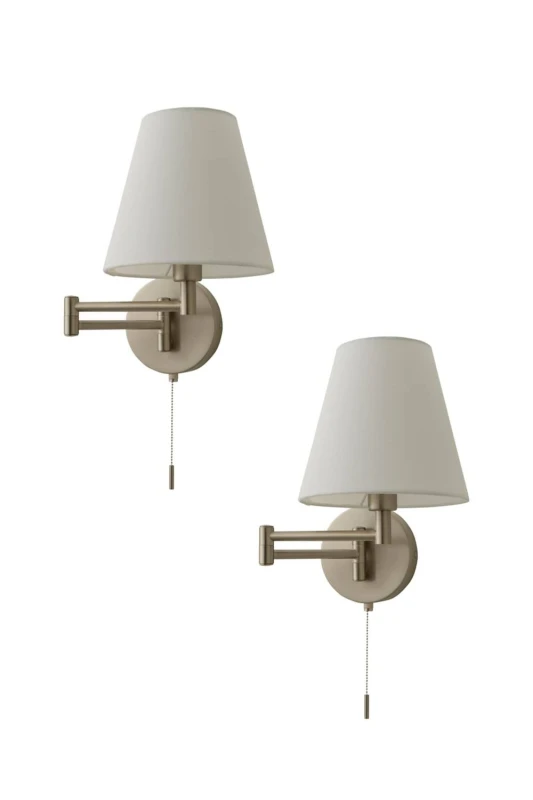 Image of ValueLights Sonia Pair of Swing Arm Wall Lights with Taper Linen Shades & Bulbs in Metallic Silver Metallic Silver Unisex