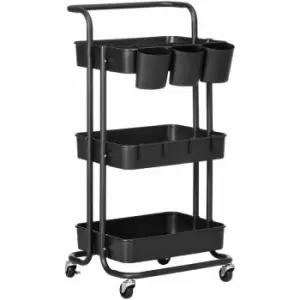 image of HOMCOM 3-Tier Utility Cart, Rolling Serving Trolley with Baskets and Hooks - Black