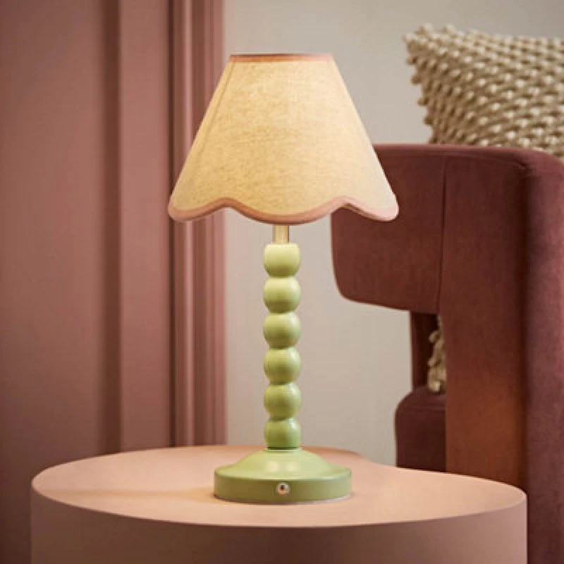 Image of Valuelights Bobble Pink Scallop Trim Shade Green Rechargeable Wooden Table Lamp