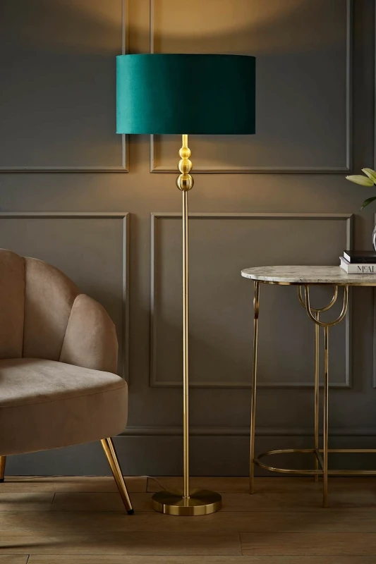 Image of ValueLights ValueLights Marissa Gold Stacked Ball Floor Lamp with Velvet Drum with Gold Inner Shade in Bottle Green Bottle Green One Size Unisex 50594